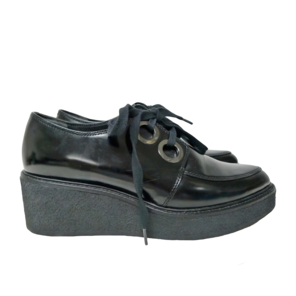 WHAT FOR black patent leather wedge lace up shoes